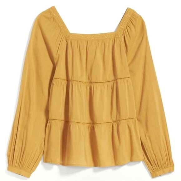 NWT Old Navy Square-Neck Tiered Swing Top Size Large Boho Blouse Mustard Yellow - Picture 1 of 12